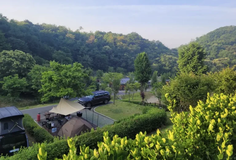 오토캠핑장에 텐트가 피칭되어있는 모습